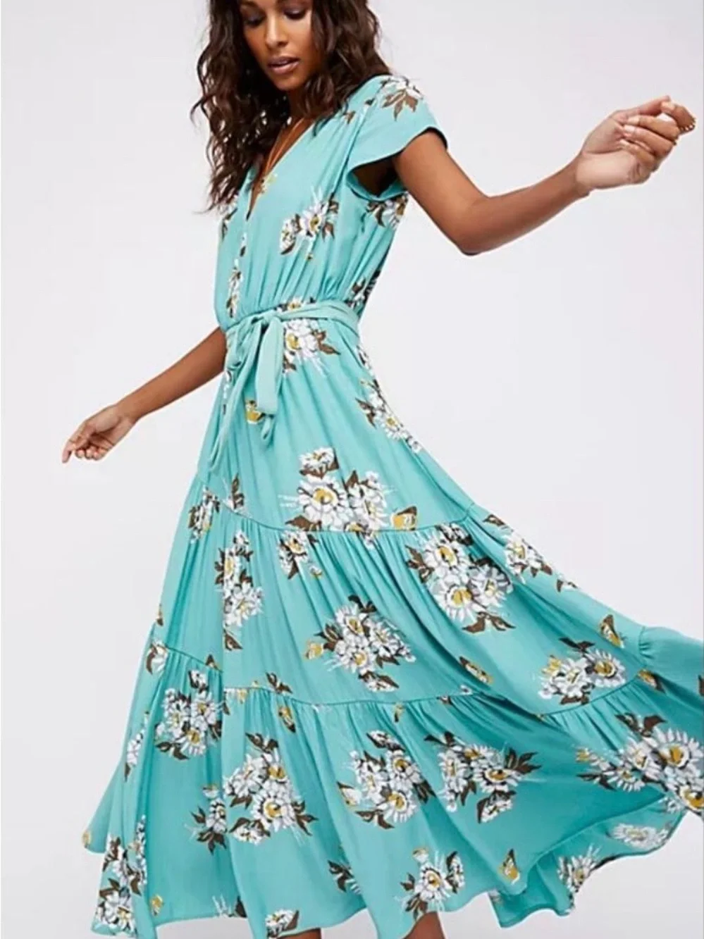 Free People All I Got Printed Tiered Maxi Dress Green Floral Size 0